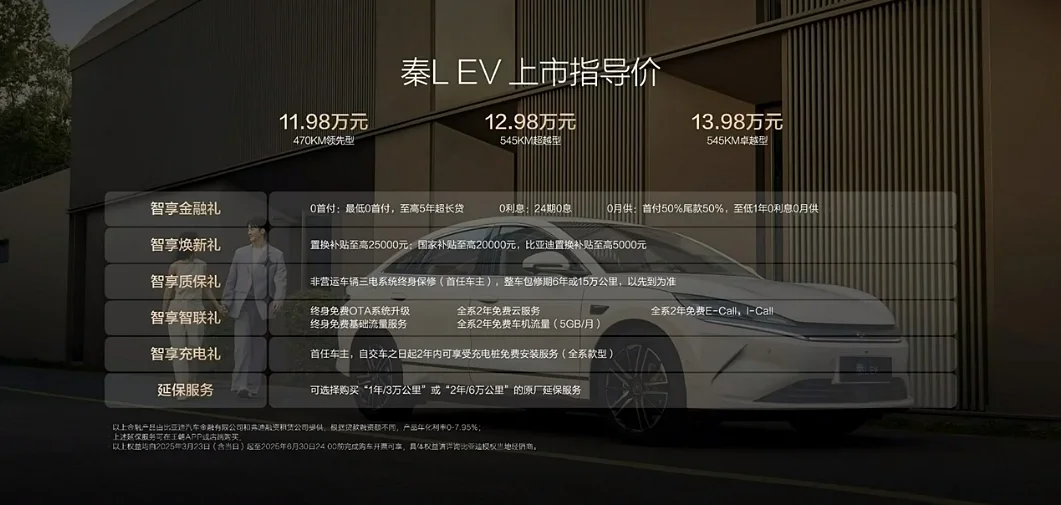 后驅(qū)平權(quán)+智駕平權(quán)！比亞迪秦L EV上市售價(jià)11.98萬元起